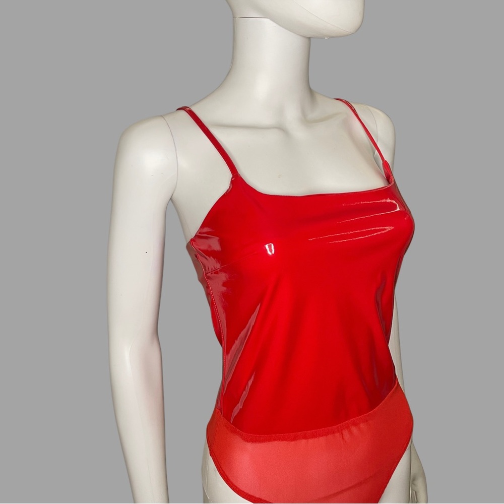 Red Spaghetti Strap Latex Bodysuit - Picture 2 of 5